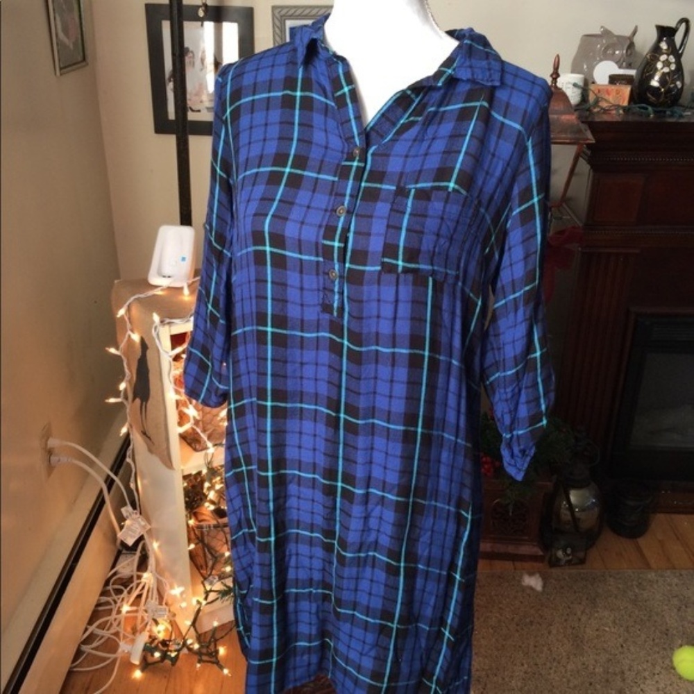 Faded Glory Long Blue Plaid Shirt Dress Midi